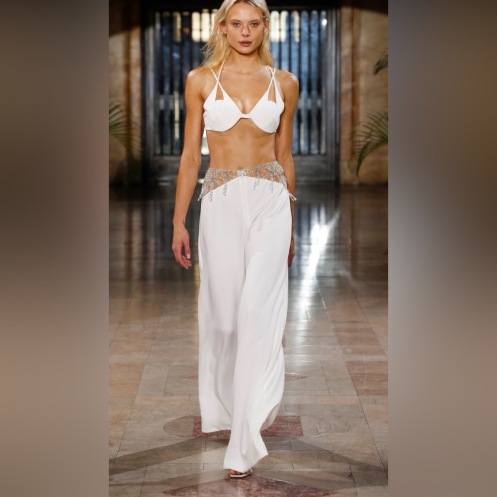 PatBO White Wide Leg Pants with Embellished Waist